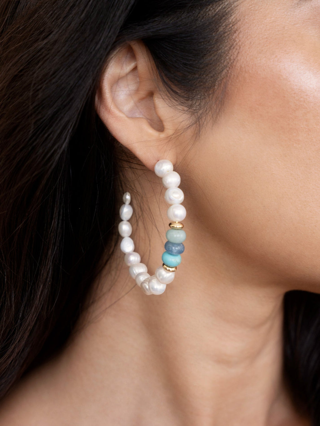 BEACH DAY PEARL AND GEMSTONE HOOP EARRING
