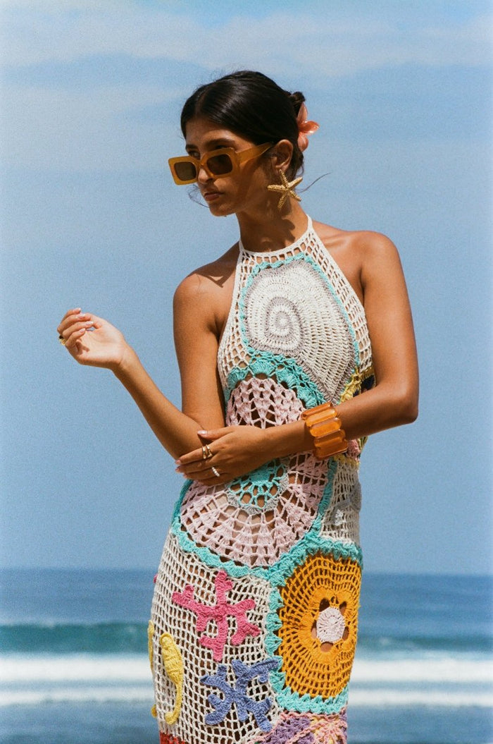 KAIA CROCHET CORAL MULTI MAXI DRESS